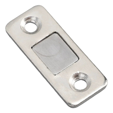 Ultra Thin Magnetic Door Catch for Kitchen Cabinets and Wardrobes, Stainless Steel Cabinet Latch With Adhesive Backing, close-up view.