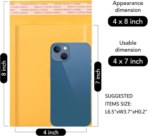 Kraft Bubble Mailers 4x8 Inches 50 Pack Self Adhesive Padded Envelopes With Thick Bubble Waterproof Cushioned Shipping Mailers 4x7 Inner Yellow