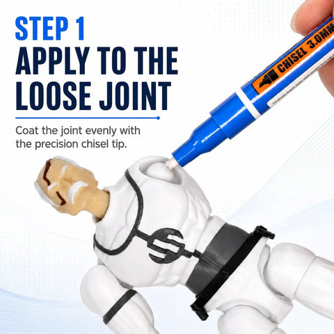 Action Figure Joint Reinforcement Glue Pen applying to a loose joint on a model for stability. Precision chisel tip in use.