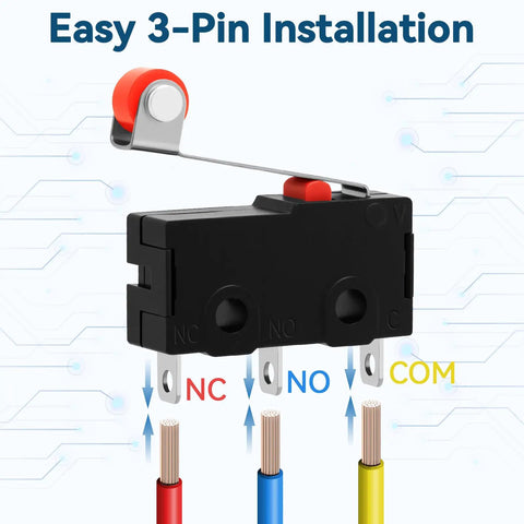 20 Pack KW12-3 Micro Limit Switches With Roller Lever Arm SPDT Snap Action 250V 5A AC showing easy 3-pin installation and wiring.