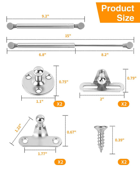 2 Pack Toy Box Hinges Featuring Slick Soft Close Gas Struts Killing Loud Slamming And Keeping Little Fingers Safe While Holding Heavy Lids Boss Tight On Every Classic Storage Chest dimensions and parts layout.