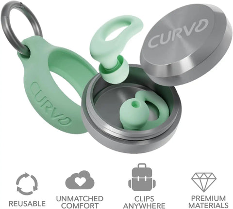Game Changing Noise Blocking Earplugs Rated 28dB SNR Straight Up Comfy Reusable Silicone Earplug in aluminum case with mint color.