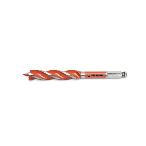 Heavy Duty Wood Auger Drill Bit, 7.5 Inch Long, Three Quarter Inch Diameter, Triple Sharpened High Speed Steel shown with deep flutes.