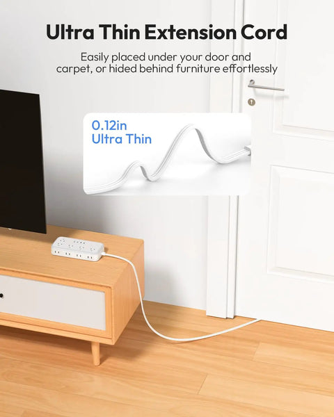 25 Foot Flat Extension Cord Power Strip With Ten Outlets And Four USB Ports Including Two USB C Ports Three Sided 3 Prong And 2 Prong Design Wall Mount Ready Overload Protection Surge Safe White, thin cord under door
