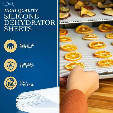 Hand placing tray with oranges and herbs on silicone dehydrator sheets 14x14 inch pack of 12 reusable nonstick mesh dehydrator mats BPA free food grade tray liners cut to fit jerky fruit and herbs for easy drying at home kitchen hack.