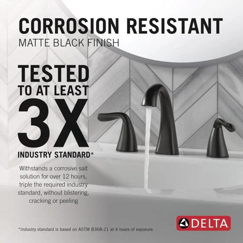 Close-up of Arvo Matte Black Widespread Bathroom Faucet For 8 Inch 3 Hole Vanity Sink Tap With Push Pop Drain showing corrosion resistance