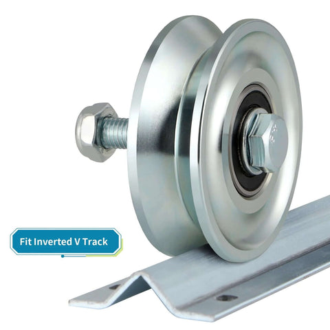 Skelang 3-in V-groove gate wheel with double bearings for inverted V track; metal rolling gate caster, 2 sets (front view)