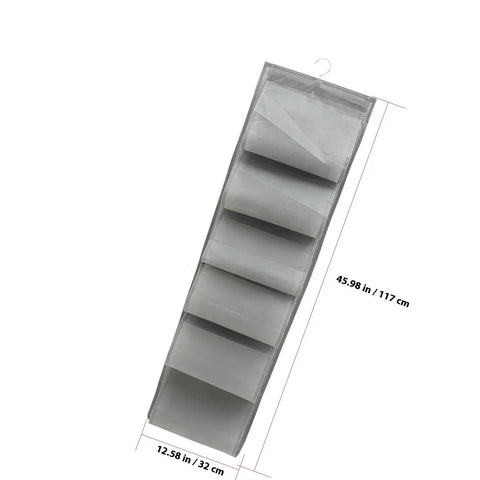 Roomy Over Door Hanging Shoe Storage Organizer Built Tough With Nonwoven Multi Pocket Closet Wardrobe Bag For Straightforward Space Saving Home Organization Essentials grey storage bag with multiple pockets, dimensions shown, hanging design.