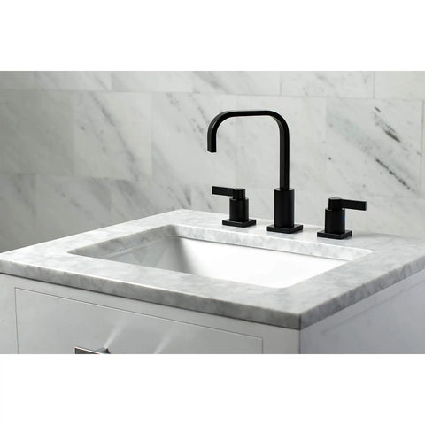 Matte Black Widespread Bathroom Faucet With Pop Up Drain, Solid Brass, Deck Mount 8 to 16 Inch Spread, 3 Hole Installation on sink