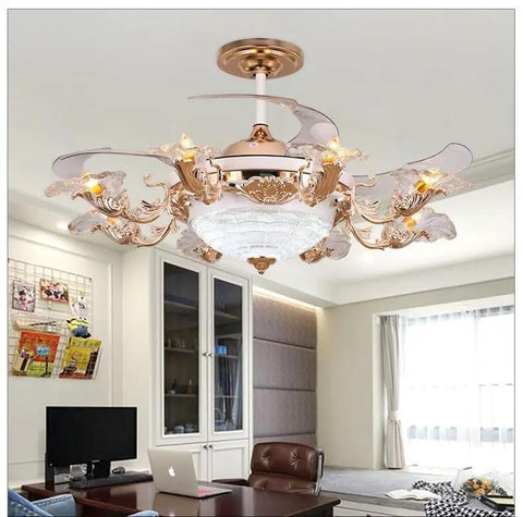 Luxury European Ceiling Fan Light With Remote Control And Invisible Blade Fan Chandelier In Trace Gold Finish Boasting 8 E27 Bulbs And 42 Inch Size For Epic Vibe in a modern living room.