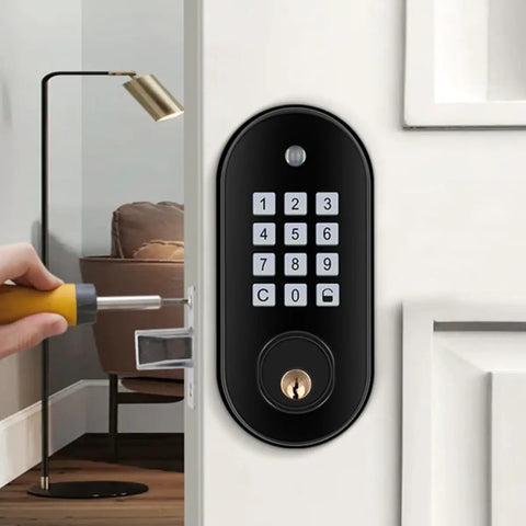Hassle Free Keyless Entry Door Lock With Backlit Keypad And Automatic Deadbolt Solid Electric Access System For Front Doors, mounted on a door with a screwdriver.