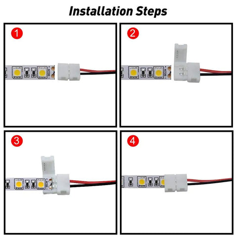 Installation steps for 10 Pack Solderless LED Strip Connector Snap Down 2 Conductor For 10mm Wide 5050 5630 Single Color Flex Strips