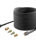 Replacement Extension High Pressure Hose For Home And Garden Gas Pressure Washers, 50 Feet, with adapters, coiled view.