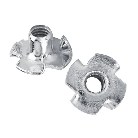 M6 Four Prong Tee Nuts for Woodworking, Heavy Duty Zinc Plated Carbon Steel Captive Nuts with Four Prongs in close-up view