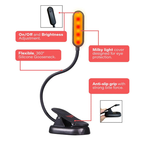Sleek Rechargeable Clip On Book Light Blocking Blue Light With Amber And Red Led Stepless Dimming For Late Night Reads features adjustable gooseneck and anti-slip grip.