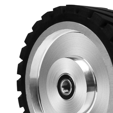 Close-up of 10 By 2 Inch Belt Grinder Rubber Wheel With Serrated Contact 6206 Bearing Durable Rubber Wheel For Belt Machines