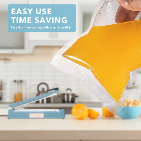 16 Inch Tabletop Manual Impulse Heat Sealer Machine For Sealing All Types Of Plastic Bags And Pouches That's Quick And Easy To Use And Gets The Job Done Fast Without Any Hassle, sealing a yellow liquid pouch.