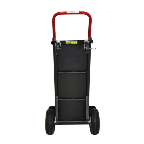 Front view of Heavy Duty Hand Truck Converts From Two Wheel To Four Wheel Platform With Solid Steel Deck Preventing Load Slippage