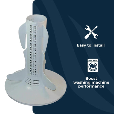 Top Load Washer Agitator Replacement Part That Fits All Top Load Washing Machines Keeps Your Laundry Running Smooth With Easy Install And Reliable Performance Every Time, white plastic agitator on blue background.
