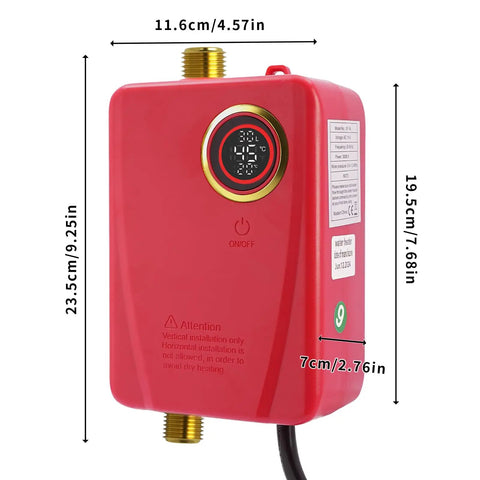Sleek Red Instant Tankless Electric Water Heater, 3000W On Demand Wall Mount Unit, Premium 304 Stainless Steel And Durable ABS Construction.