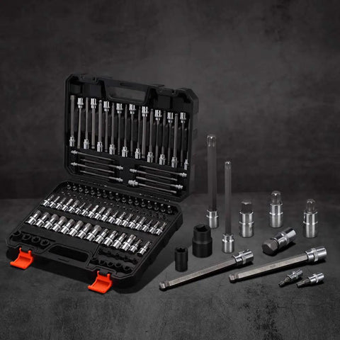 107 Piece Workhorse Allen and Torx Socket Set With Hex Ball End Bits displayed with open case and tools on a dark background