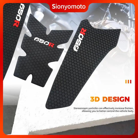 Grippy Fuel Tank Pad Protector Stickers Set For Honda CBR650R CB650R 2019 2020 2021 2022 2023 Black Anti Slip Tank Guard 3 Piece Decal Kit Made From Premium PVC Rubber With Scratch And Abrasion Defense, showcasing honeycomb texture.