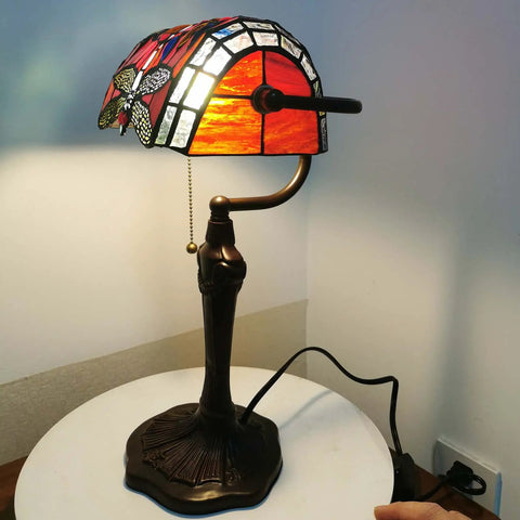 Dragonfly Tiffany Style Stained Glass Desk Lamp for Reading and Working, banker table lamp with adjustable directional light, red glass
