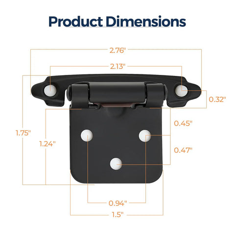 Dimensions of Matte Black Self-Closing Cabinet Hinges for Kitchen Cabinets, 1/2 Inch Overlay, semi-concealed face frame, surface mount
