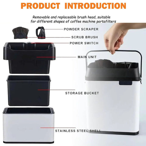 Straight Up Slick Electric Espresso Knock Box With Auto Portafilter Cleaner And Rapid Coffee Grounds Disposal Bin with removable parts.