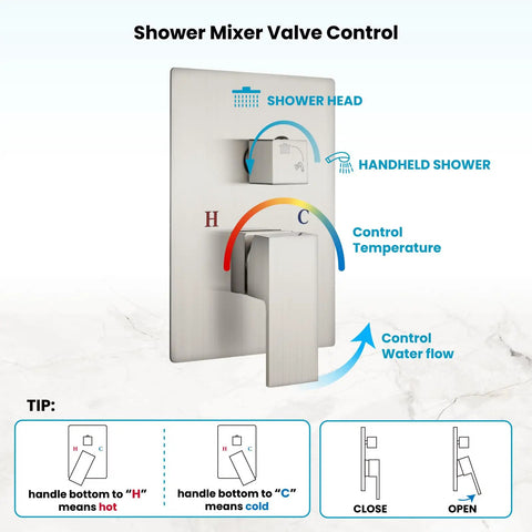 Shower mixer valve control panel for Chrome Polished Shower Faucet Set With 12 Inch Square Rainfall Showerhead, wall mount system.