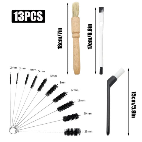 Natural Wood Nylon Coffee Brush Set, 13-Piece Espresso Machine Cleaner Kit with various brushes and dimensions shown.
