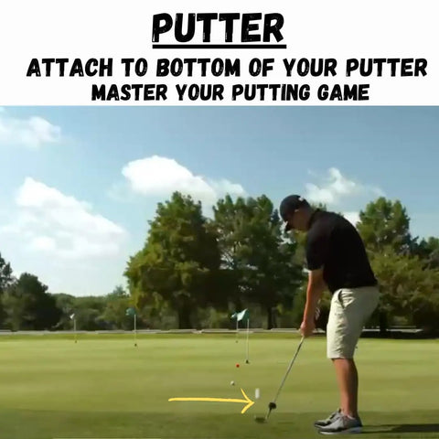 A golfer practicing putting with Golf Swing Trainer Weight 4oz To Train With Your Own Club Boost Distance And Clubhead Speed.
