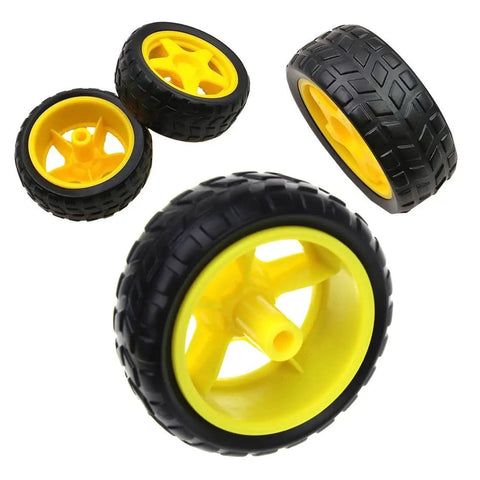 Eight Pack Dope Wheel Set For RC Cars And Smart Robots, 65mm Rubber Tires, yellow plastic hubs, various angles view