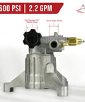 AR 2600 PSI 2.2 GPM Vertical Pressure Washer Pump With 7/8 Inch Shaft, 3 Bolt Pattern Direct Fit Replacement For Troy-Bilt Models 020413 020414 020415, showing 3/4 inch garden hose and 22mm male thread fittings.