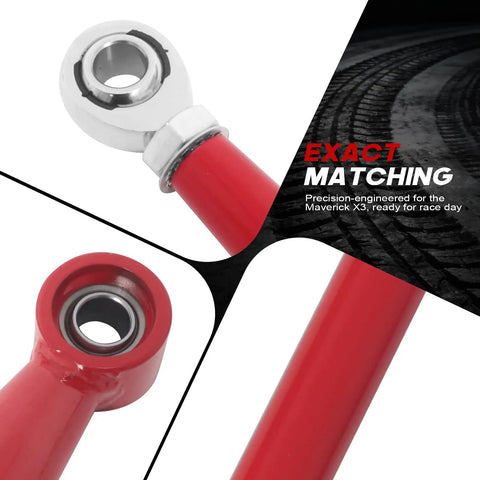 Rear Radius Rods for Maverick X3 64 Inch Body, Beefed-Up Steel With Heim Joints, Red Finish, Fits 2017-2021 X Turbo R, Turbo, MAX Turbo, MAX X DS Turbo Models, Upgraded Suspension Stability and Tire Clearance. Red steel radius rod with heim joint for Maverick X3