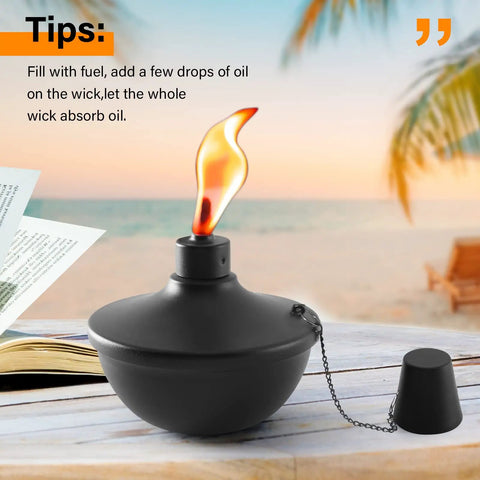 4 Pack Metal Tabletop Torches 22oz Citronella Scented Outdoor Torches For Patio Deck And Garden with flame on beach table