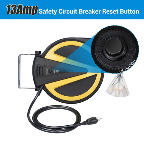 Retractable Cord Reel With Slow Auto Return Heavy Duty 50 Foot 14 3 SJTW Cord Lighted Triple Tap Outlets 13 Amp Circuit Breaker Ceiling Mount