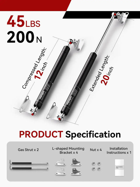 Smooth Operator 20 Inch Gas Struts With Brackets 45 Pound Lift Force specifications, shown with L-shaped mounts and nuts.
