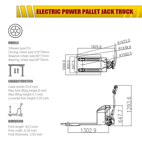 Diagram of Semi Electric Pallet Jack With 3300 Lbs Capacity Plus Lithium Battery Electric Drive and Manual Hydraulic Lift dimensions and wheel details.