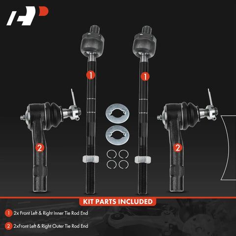 4 Piece Beefy Front Tie Rod End Kit With Inner And Outer Ends Fits Ford Explorer 1998 To 2001 Ranger 1998 To 2011 Mazda B2300 2001 To 2009 B2500 1998 To 2001 B3000 1998 To 2007 B4000 1998 To 2009 Mercury Mountaineer 1998 To 2001 Replacement, inner and outer ends included
