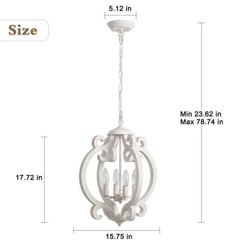 Farmhouse Rustic White Wood Orb Pendant Chandelier For Kitchen Island And Living Room Vintage Vibe 4 Light Fixture dimensions