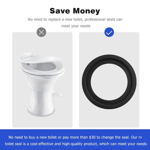 RV Toilet Seal Replacement Kit For Dometic 300 310 320 Gasket Seal Kit Part 385311658 2 Pack Durable Rubber displayed next to a toilet.