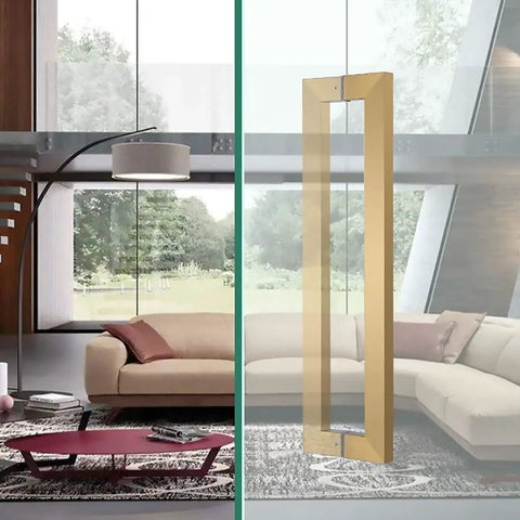 Stainless Steel Sliding Barn Door Handle Pull for Shower Glass And Interior Exterior Doors Slick Modern Entry Pull Easy Install 12mm Thick Panels Durable Satin Finish Available In 60 Cm 56.2 Cm 100 Cm And 96.2 Cm Lengths installed in modern living room on glass door.