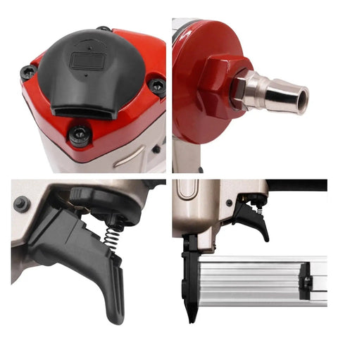 Pro Grade 18 Gauge Pneumatic Brad Nailer And Construction Stapler For Furniture Upholstery showing trigger and air inlet details.