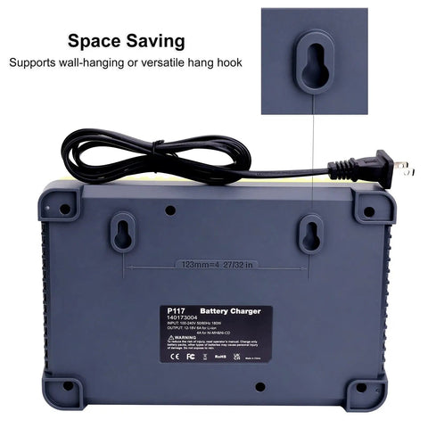 Back view of Two-Port Dual Chemistry IntelliPort Battery Charger For 12V To 18V Max Lithium Ion NiCad NiMH Packs with wall-mount hook.