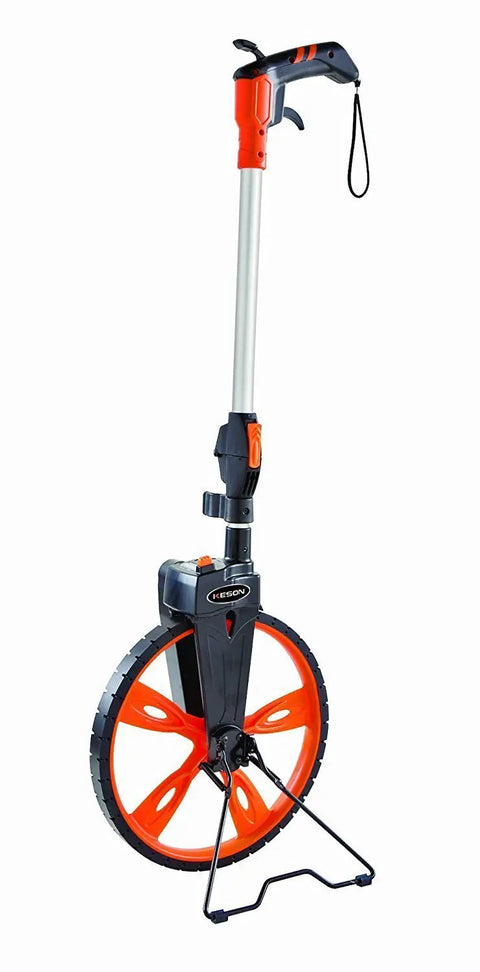 Shop Floor Pro Measuring Wheel Double Pack With Beefy Pistol Grip And Instant Zero Reset Dial For Precise Centerline Layouts And Effortless Distance Tracking Compact Fold Durable Twin Set showing a close-up of the measuring wheel's grip and frame.