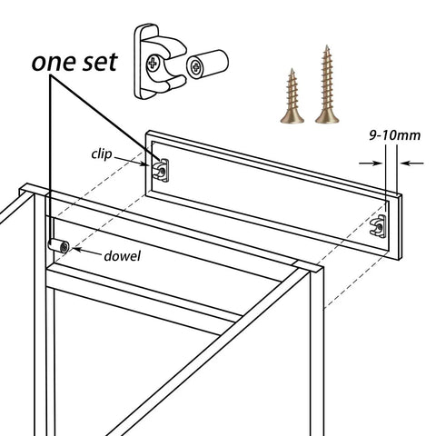 False Front Cabinet Clips With Screws Kit diagram showing installation on kitchen cabinet and drawer front, including dowel
