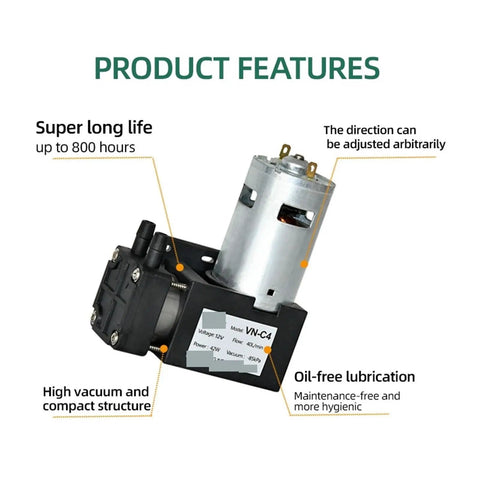 Compact 40L Min Mini Dc Vacuum Pump With Negative Pressure Suction Piston Cupping Oil Free And Maintenance Free Small Vacuum Pump For High Efficiency Home Use VN C4 Dc12 Model with product features labeled.