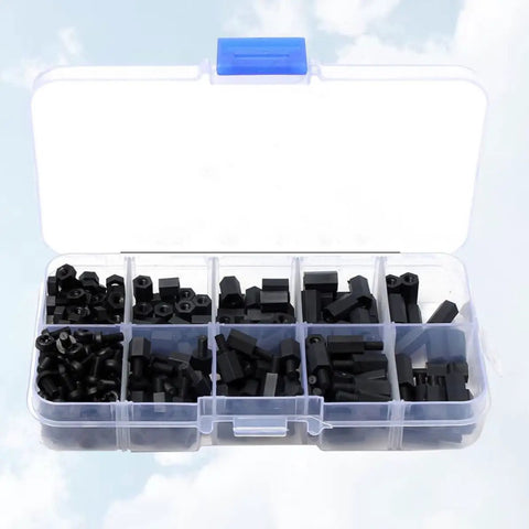 Black Nylon Hex Standoff Kit With Screws And Nuts, 300 Pieces, Corrosion Resistant Insulated Spacers For Electronics, Office And Industrial Use, Great For Diy Projects, Machine Builds, And Tech Installations. Black nylon standoff kit in organizer case