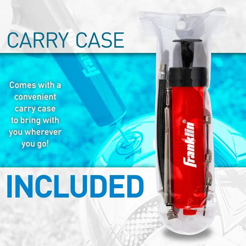All Sport Ball Maintenance Kit With 7.5 Inch Hand Pump And 3 Inflation Needles For Basketballs, Soccer Balls, Footballs, Volleyballs And More No Fuss Quick Inflation For Everyday Play, shown with carry case.